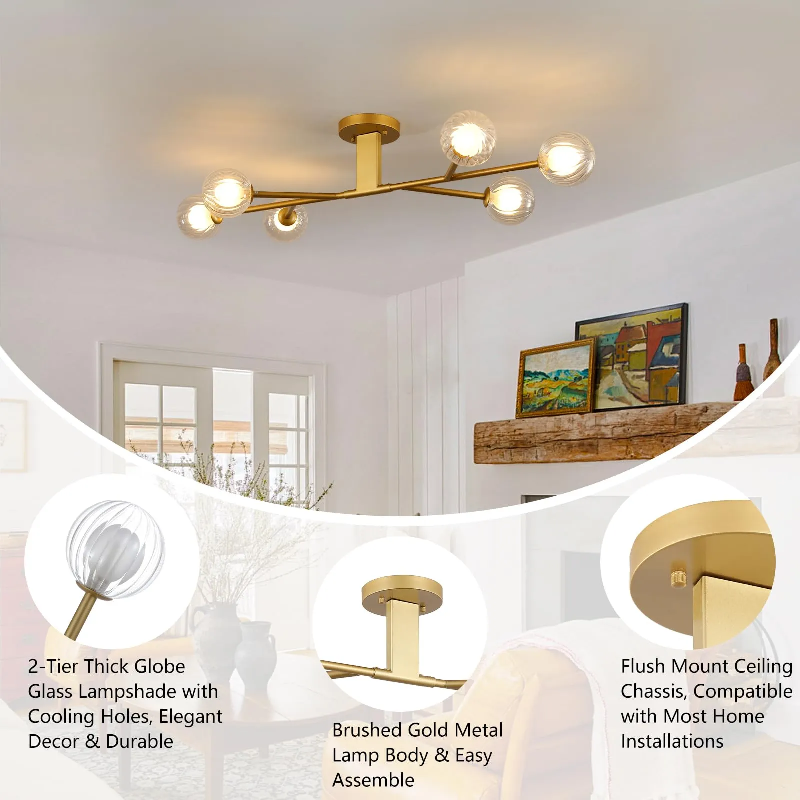 9MMML Modern Semi Flush Mount Ceiling Light, 46'' Gold Sputnik Chandelier with Glass Shade, 6-Light Close to Ceiling Light Fixture for Living Room, Dining Room, Bedroom, Kitchen Island, G9 Base, 24W