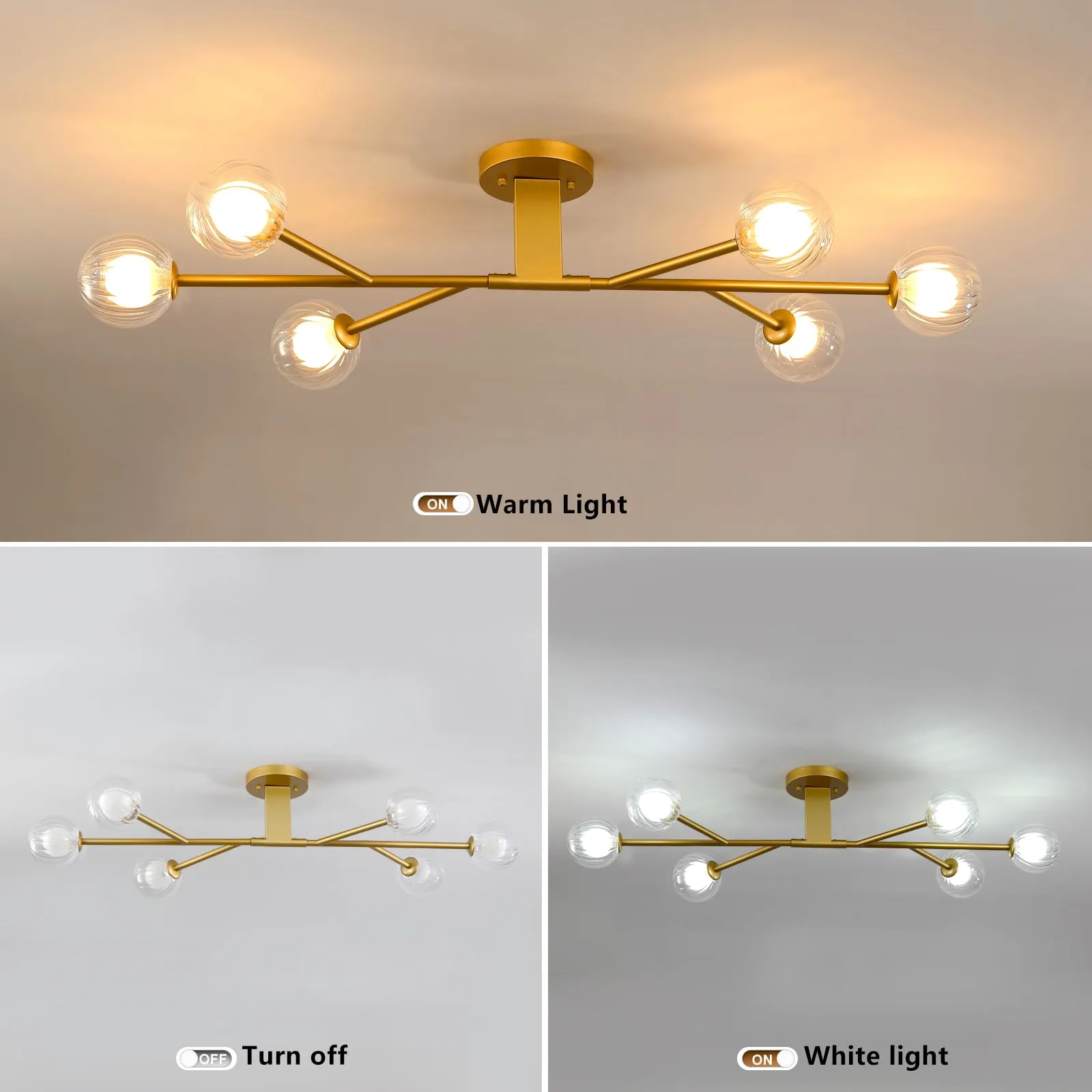 9MMML Modern Semi Flush Mount Ceiling Light, 46'' Gold Sputnik Chandelier with Glass Shade, 6-Light Close to Ceiling Light Fixture for Living Room, Dining Room, Bedroom, Kitchen Island, G9 Base, 24W