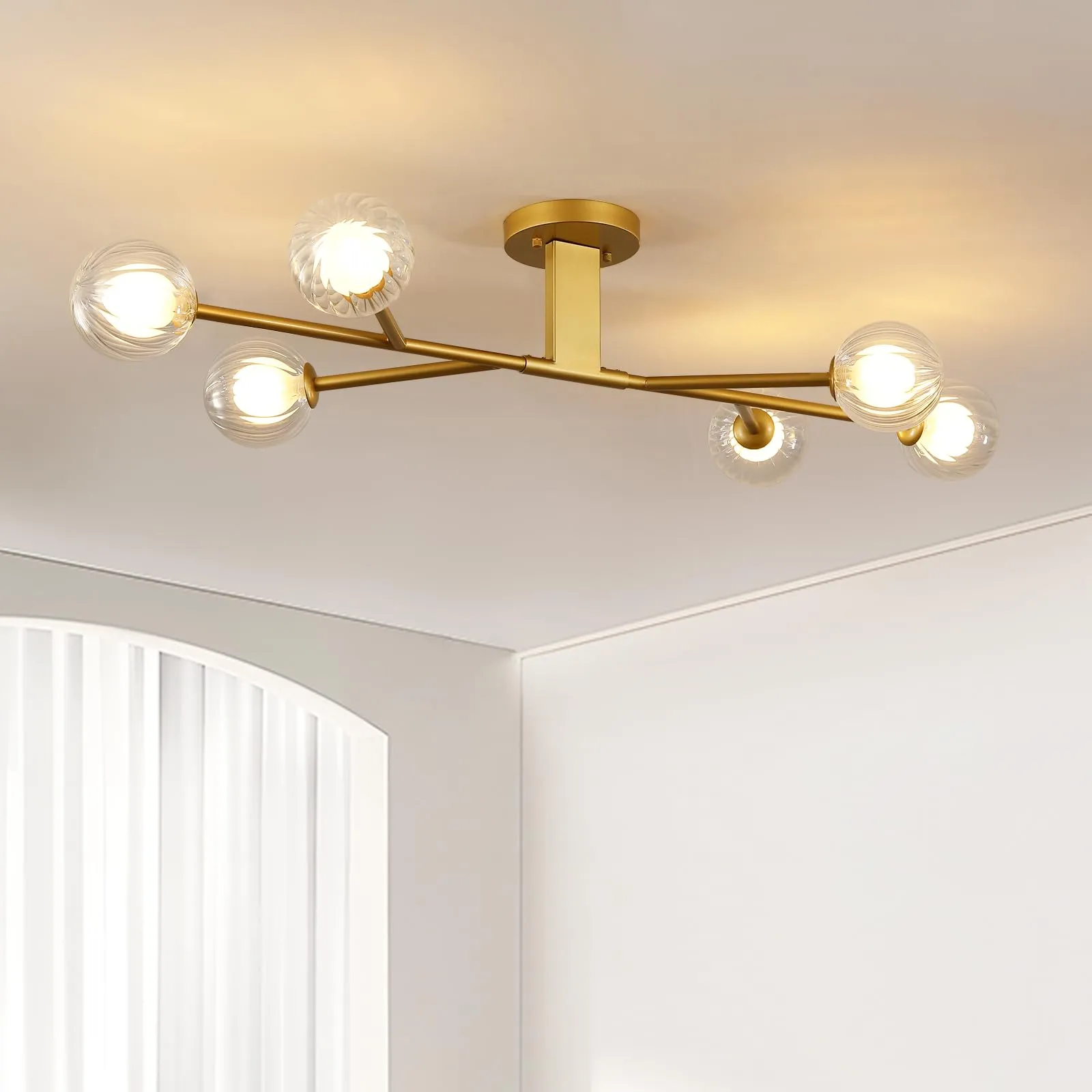 9MMML Modern Semi Flush Mount Ceiling Light, 46'' Gold Sputnik Chandelier with Glass Shade, 6-Light Close to Ceiling Light Fixture for Living Room, Dining Room, Bedroom, Kitchen Island, G9 Base, 24W