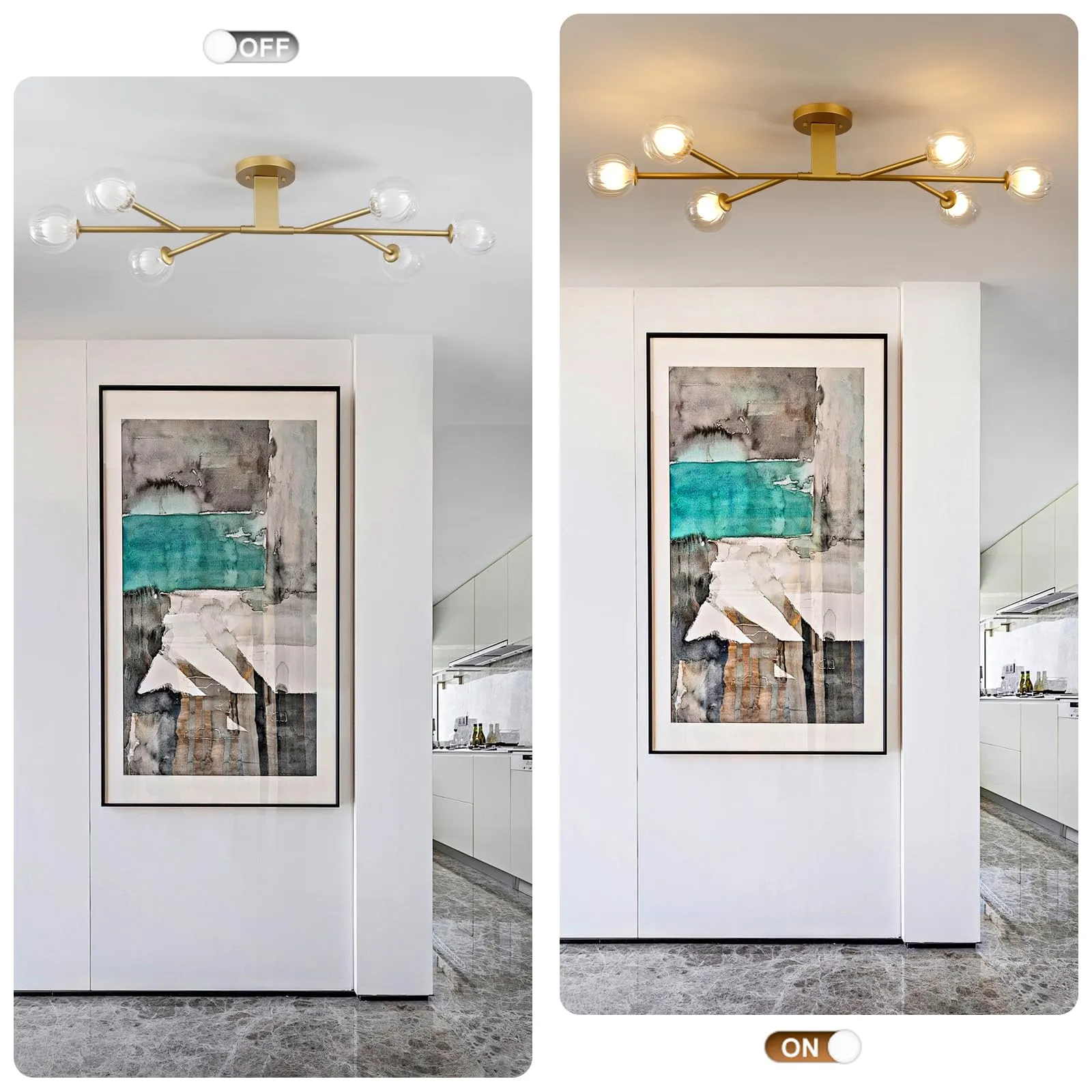 9MMML Modern Semi Flush Mount Ceiling Light, 46'' Gold Sputnik Chandelier with Glass Shade, 6-Light Close to Ceiling Light Fixture for Living Room, Dining Room, Bedroom, Kitchen Island, G9 Base, 24W
