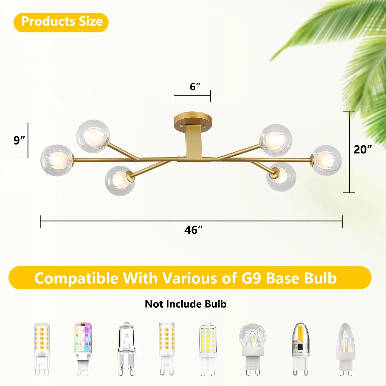 9MMML Modern Semi Flush Mount Ceiling Light, 46'' Gold Sputnik Chandelier with Glass Shade, 6-Light Close to Ceiling Light Fixture for Living Room, Dining Room, Bedroom, Kitchen Island, G9 Base, 24W