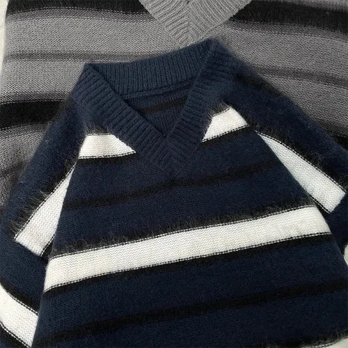 Advbridge - Autumn Winter Contrast Stripe Knitted Sweaters Men Pullover Male Loose Pullovers Tops Man Oversized Sweater Hot Sale B61