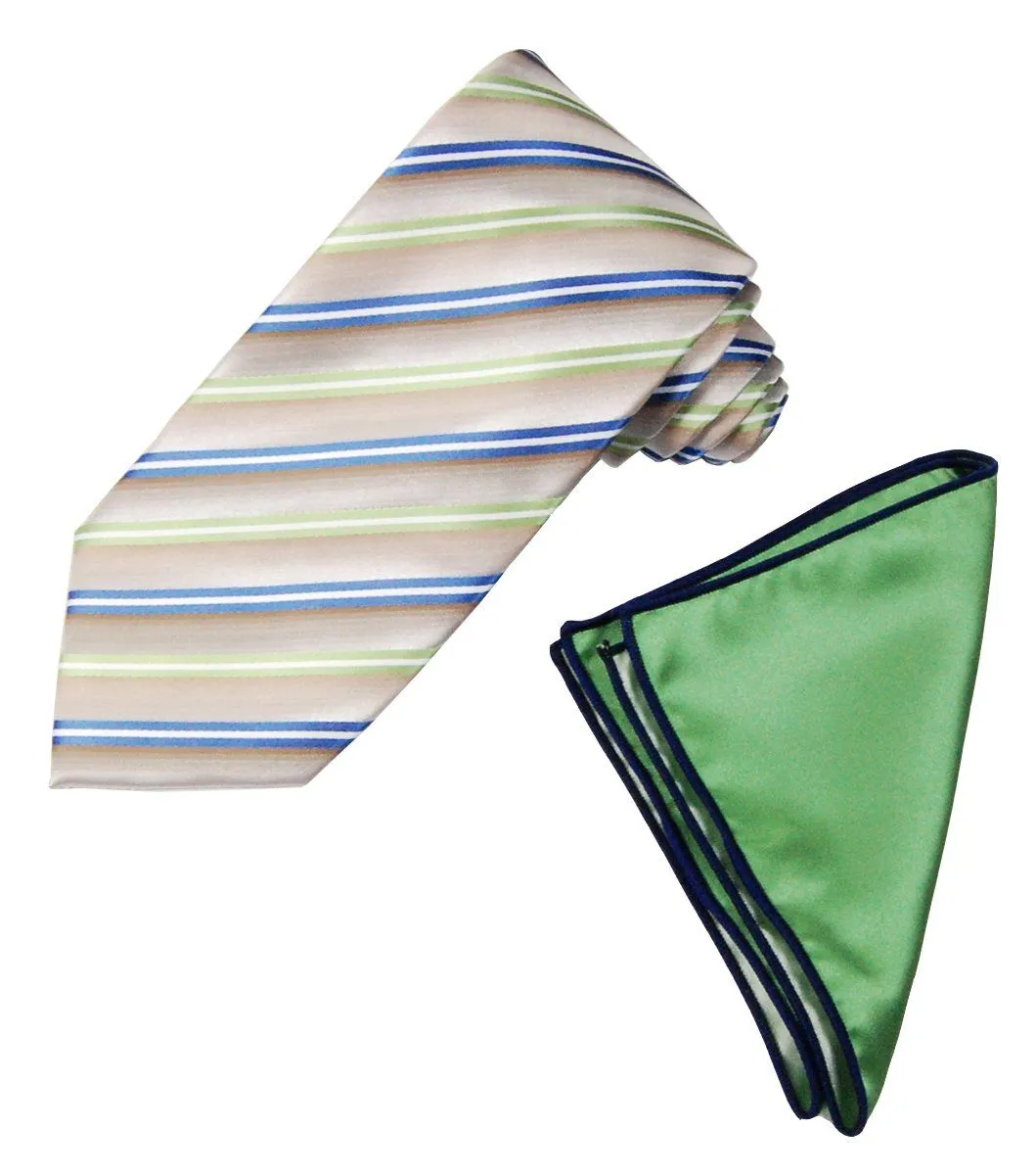 Blue and Green Striped Men's Tie and Pocket Square