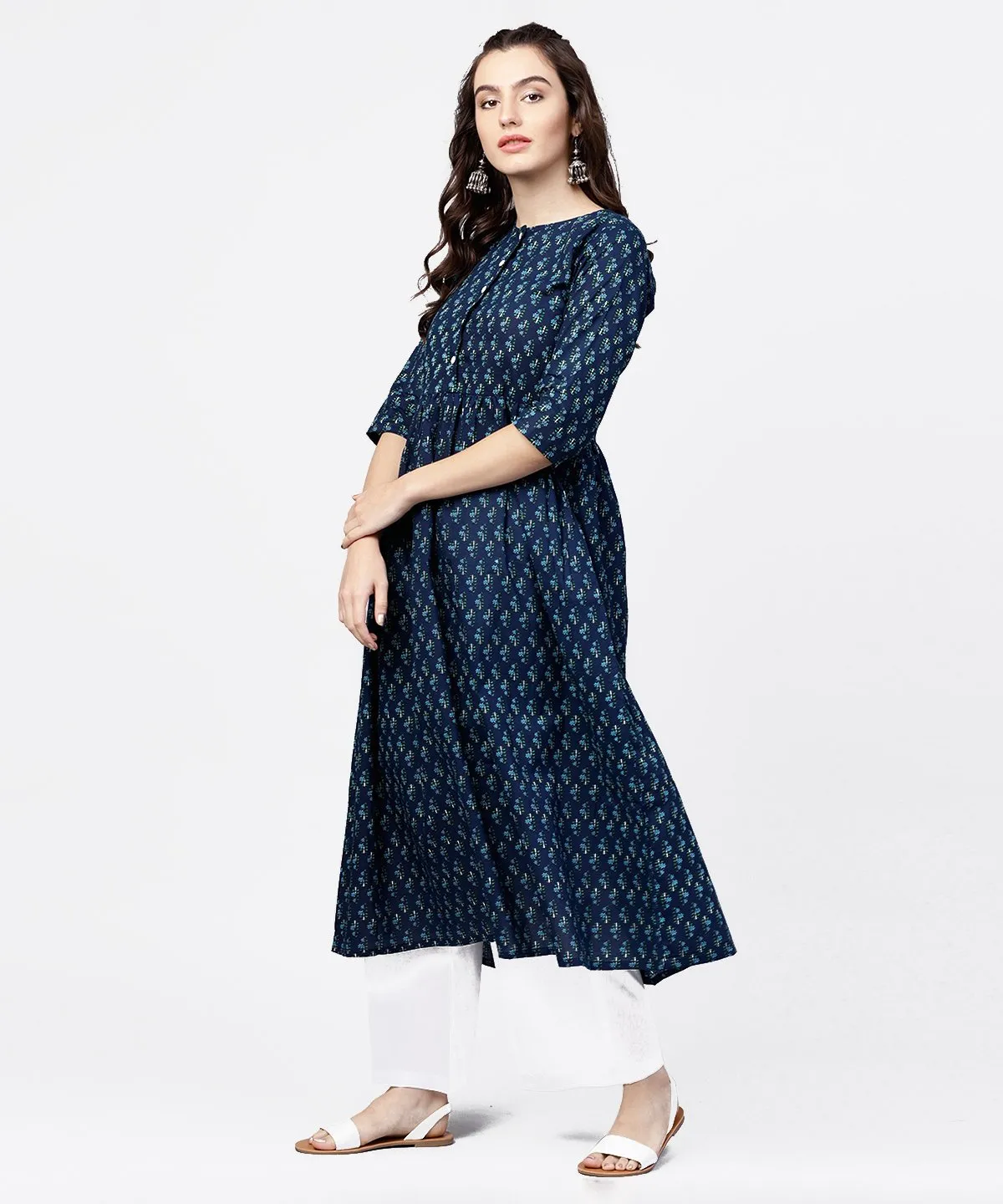 Blue Printed Gathered A-Line Kurta With White Palazzo