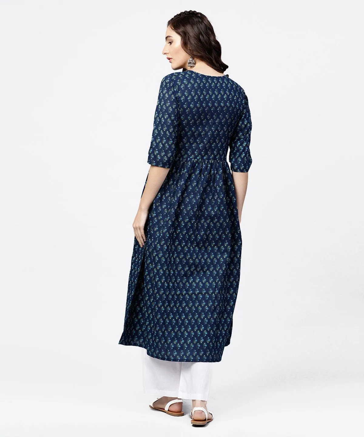 Blue Printed Gathered A-Line Kurta With White Palazzo
