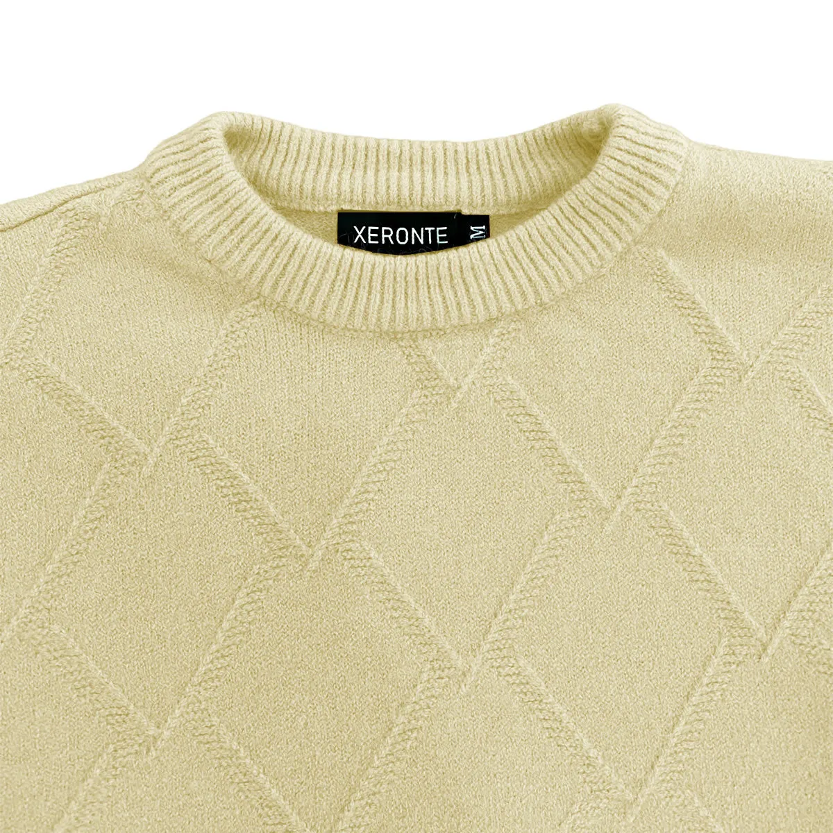 Cream Mens Knit Diamond Pattern Crew Neck Sweater
