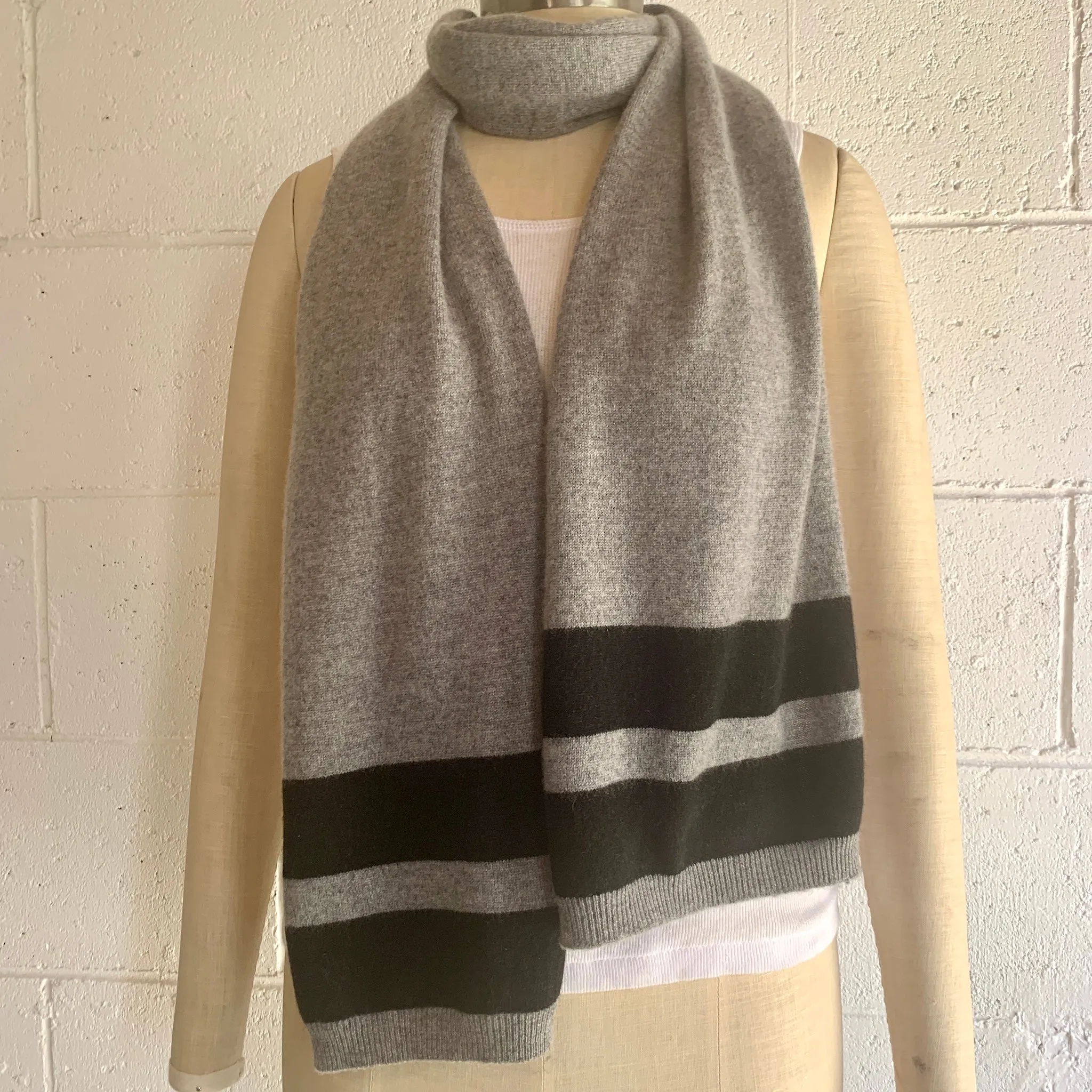CROSS the line 100% Pure Cashmere Tonal Duo Trim Stripe Scarf, Dove Grey