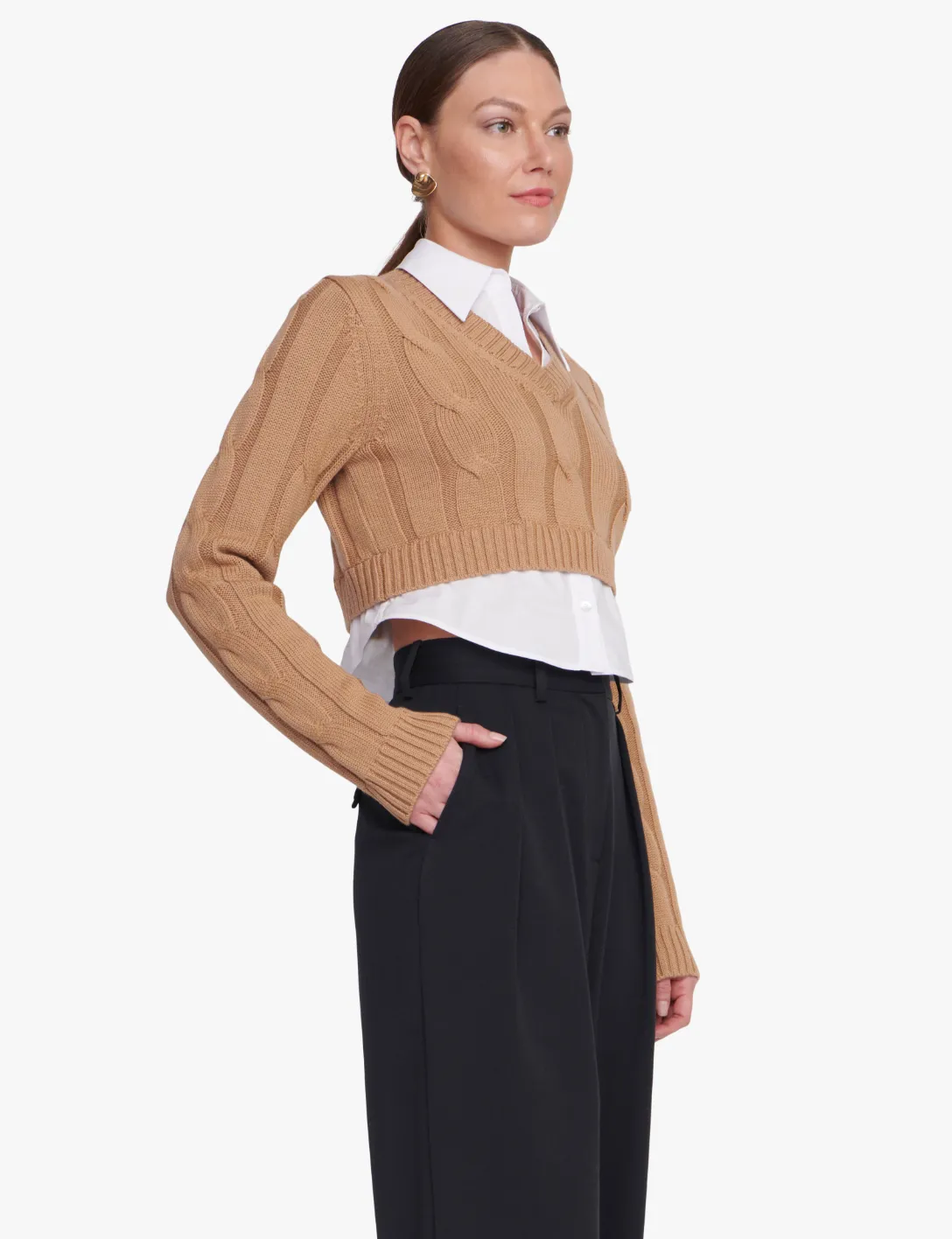Duke Knit Poplin Cropped Top - Camel / White