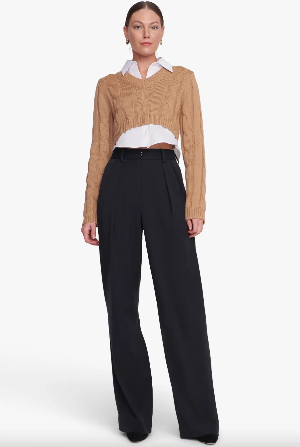 Duke Knit Poplin Cropped Top - Camel / White