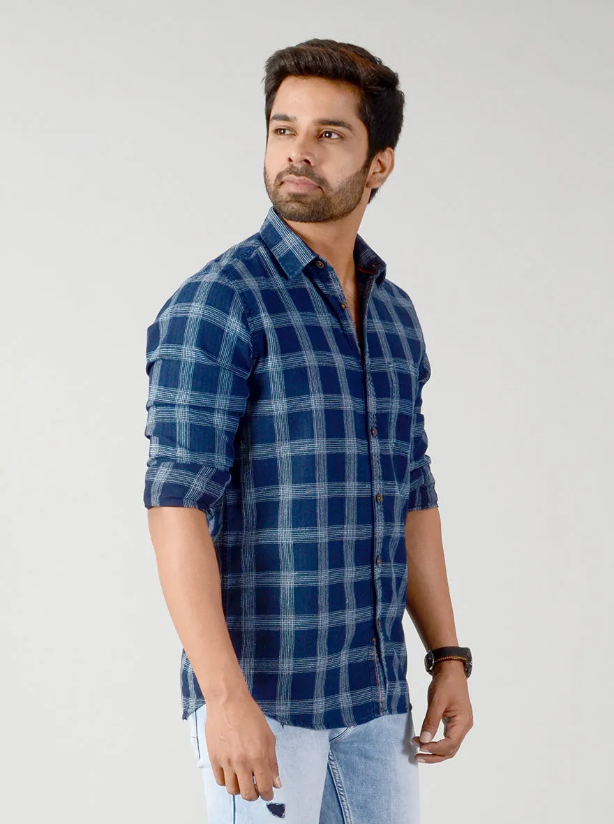 Indigo Blue Checked Slim Fit Casual Shirt | JadeBlue