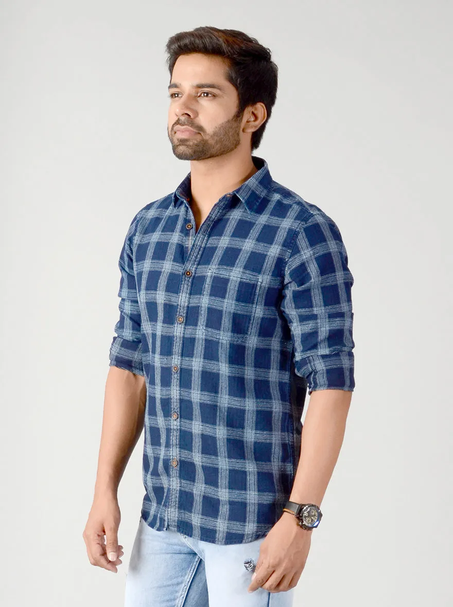 Indigo Blue Checked Slim Fit Casual Shirt | JadeBlue