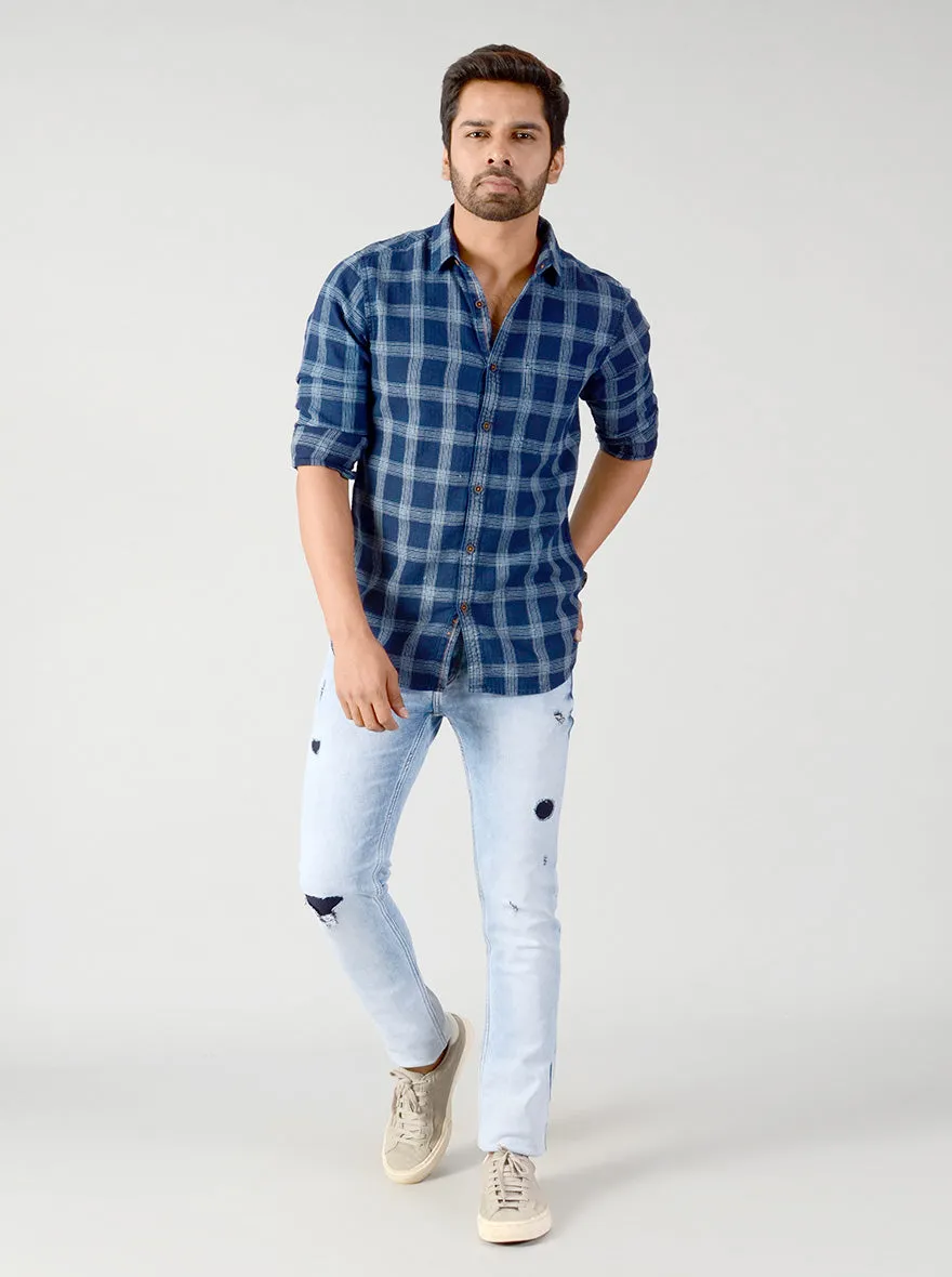 Indigo Blue Checked Slim Fit Casual Shirt | JadeBlue