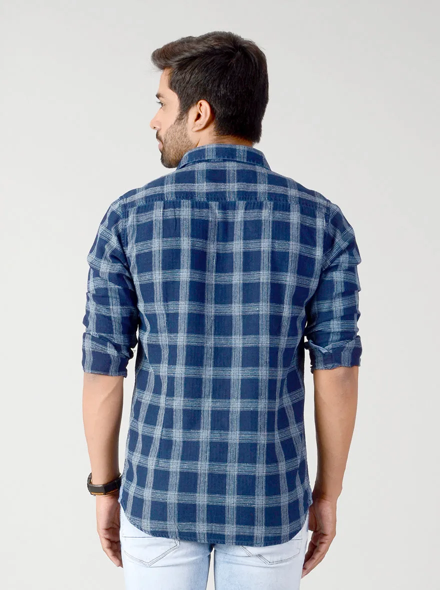 Indigo Blue Checked Slim Fit Casual Shirt | JadeBlue
