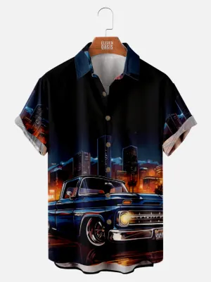 Men's Classic Car Night Skyline Short Sleeve Shirt