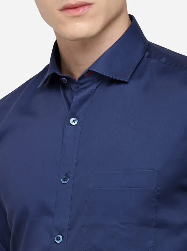 Navy Blue Solid Slim Fit Formal Shirt | Metal