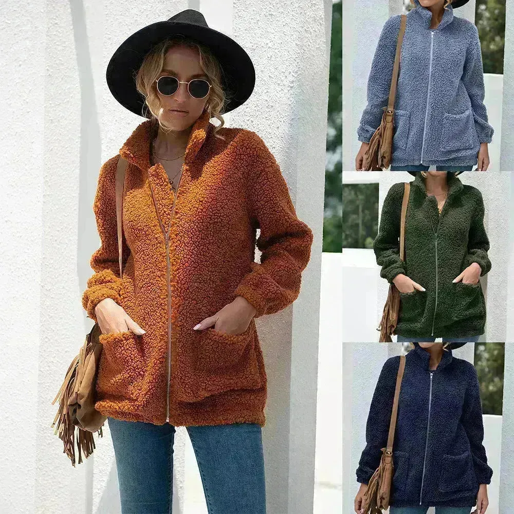New Autumn Winter Zip up Plush Cardigan Sweater for Women