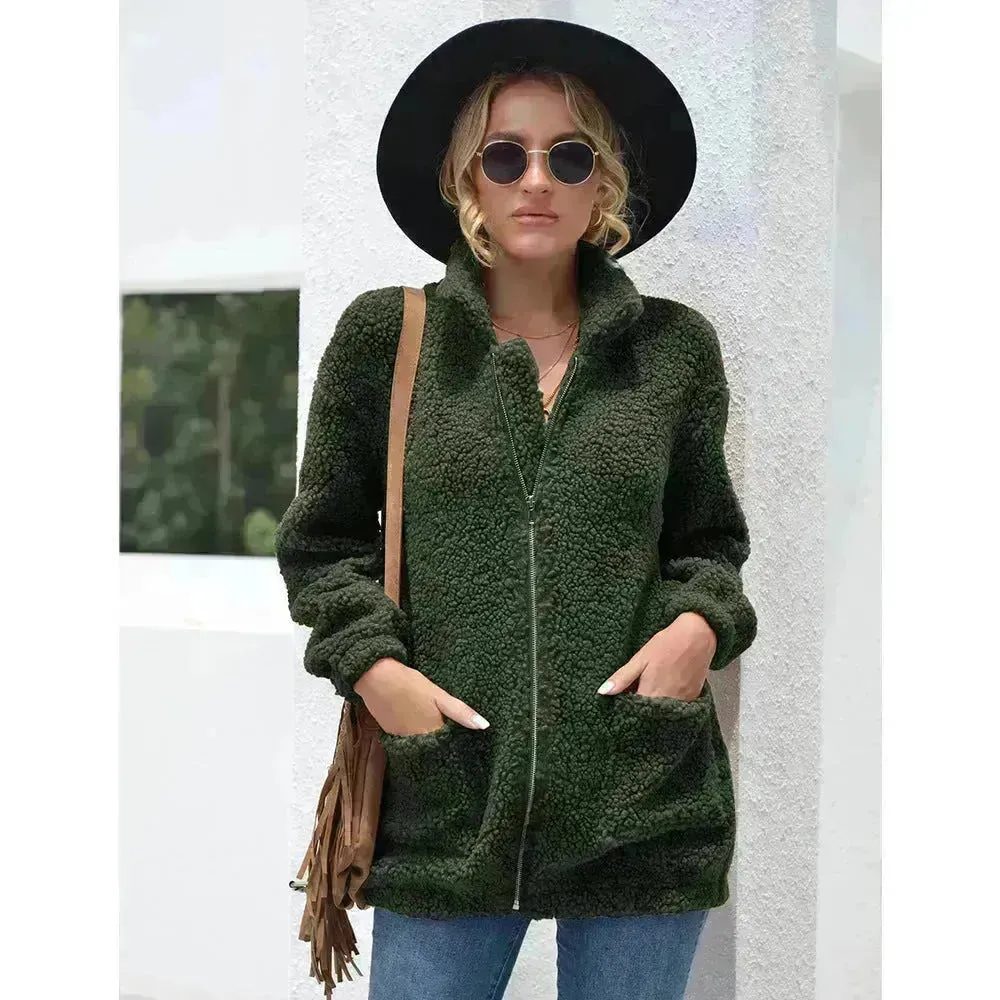 New Autumn Winter Zip up Plush Cardigan Sweater for Women