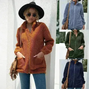 New Autumn Winter Zip up Plush Cardigan Sweater for Women