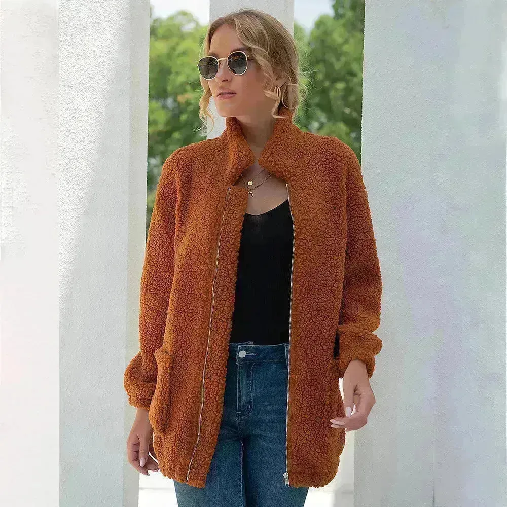 New Autumn Winter Zip up Plush Cardigan Sweater for Women