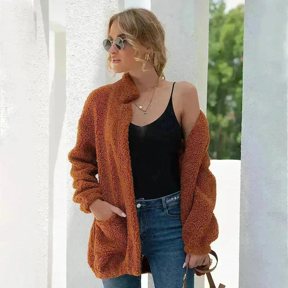 New Autumn Winter Zip up Plush Cardigan Sweater for Women