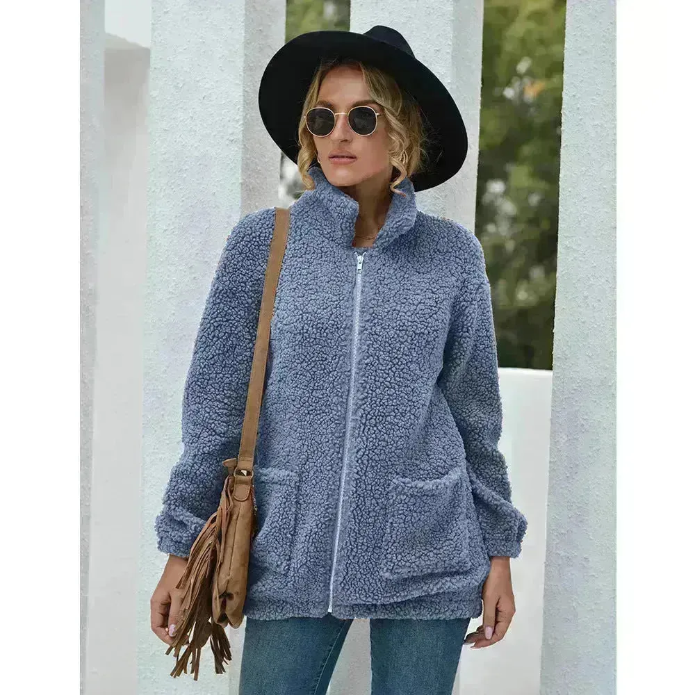 New Autumn Winter Zip up Plush Cardigan Sweater for Women
