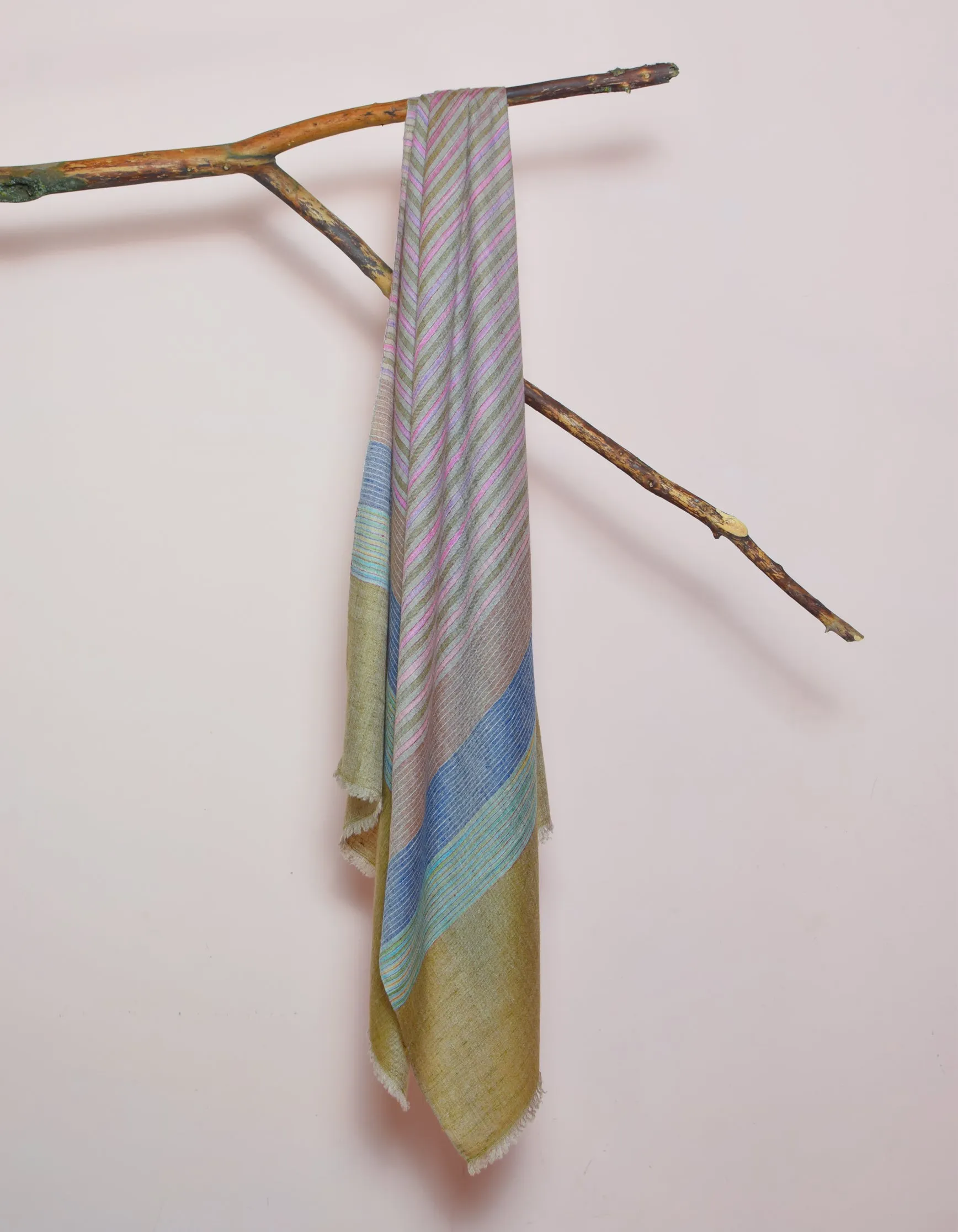 Olive Haze Handwoven Striped Cashmere Pashmina Stole