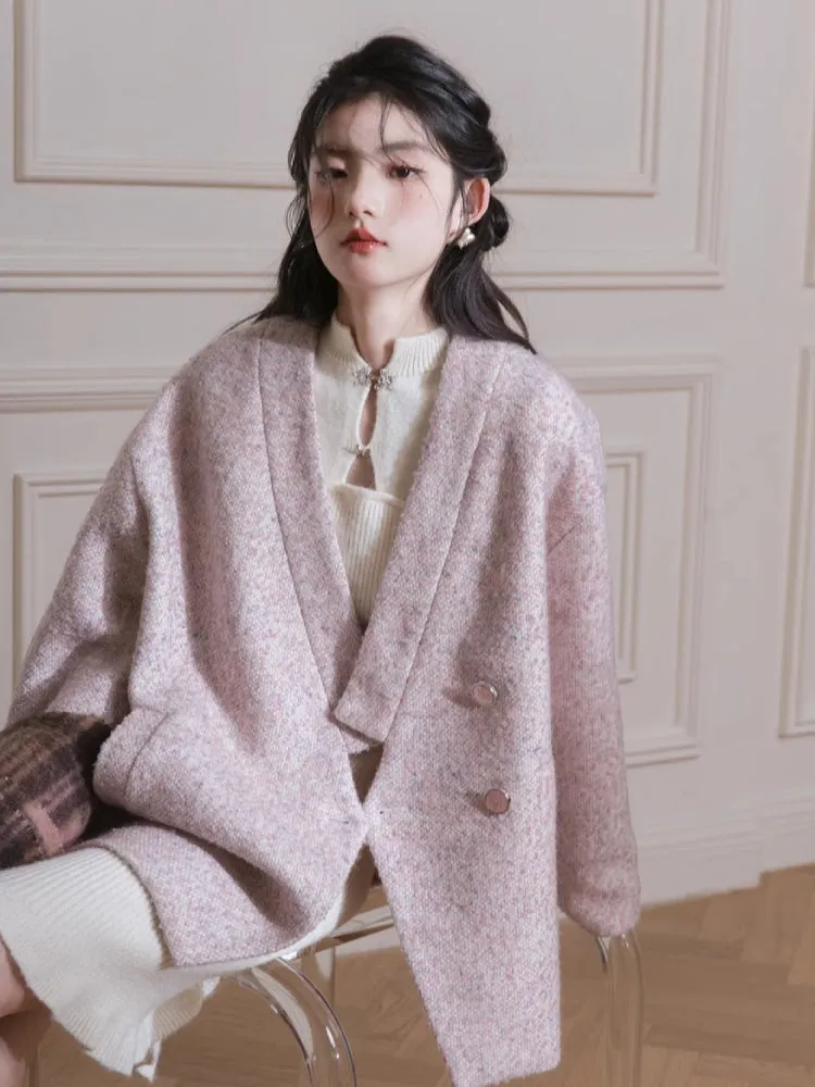 Pink dot V-neck wool jacket【s0000005817】