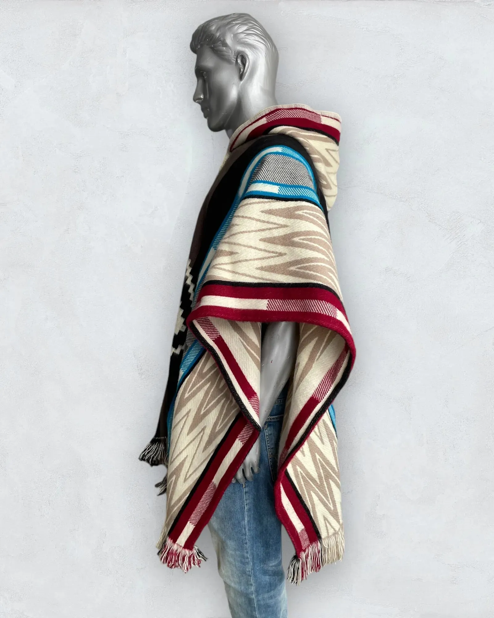 Poncho Hood Wool Navajo Light Blue