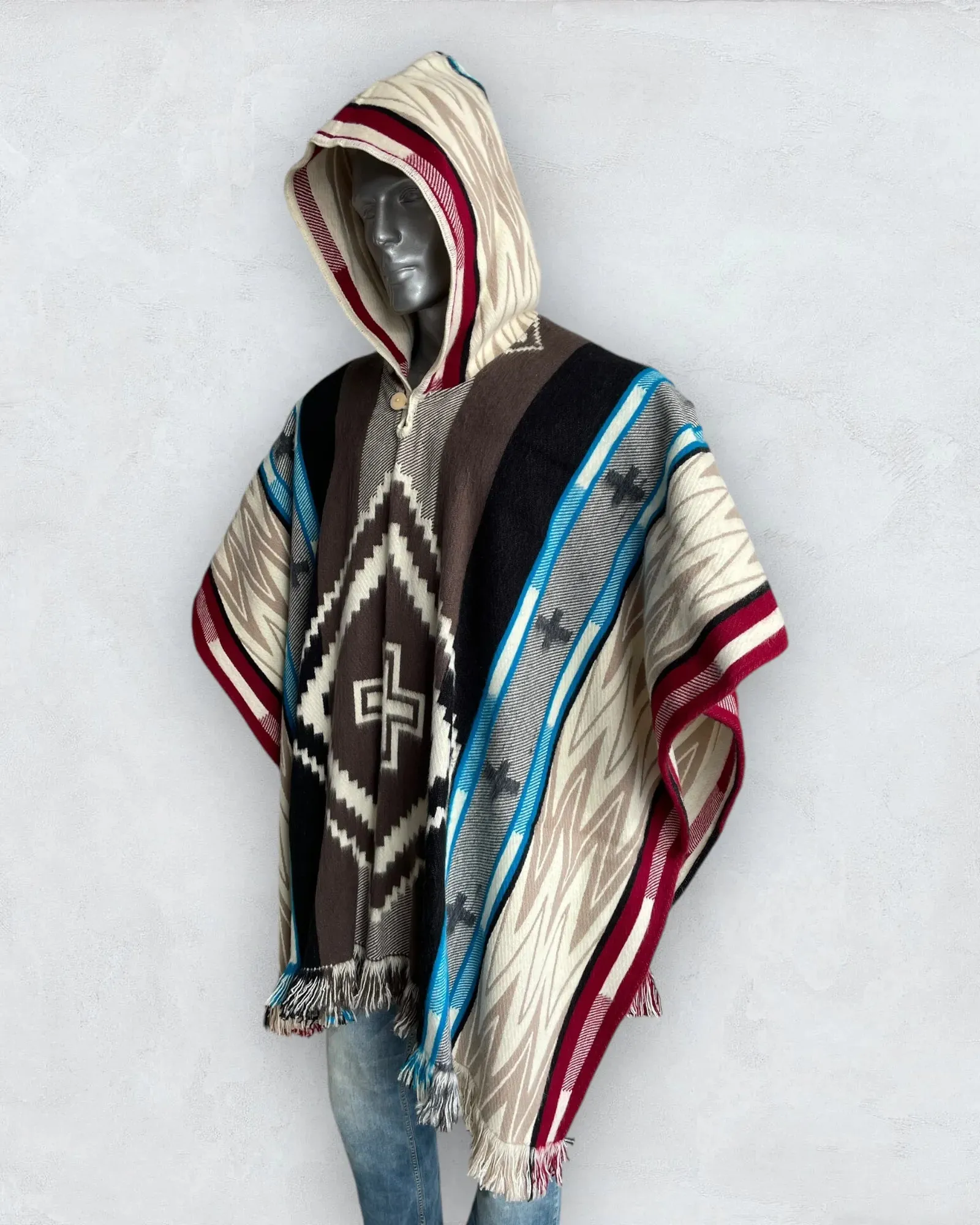 Poncho Hood Wool Navajo Light Blue