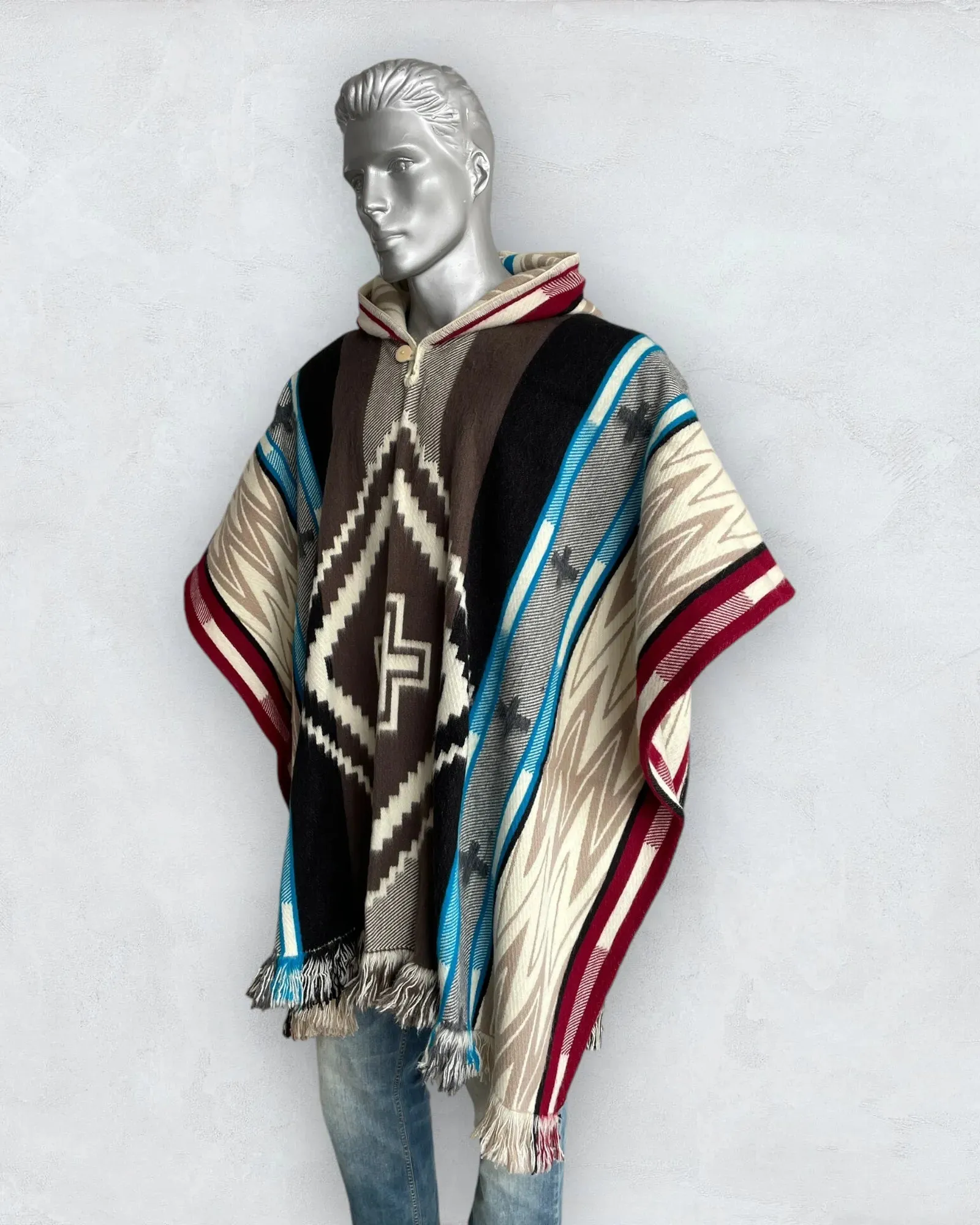 Poncho Hood Wool Navajo Light Blue