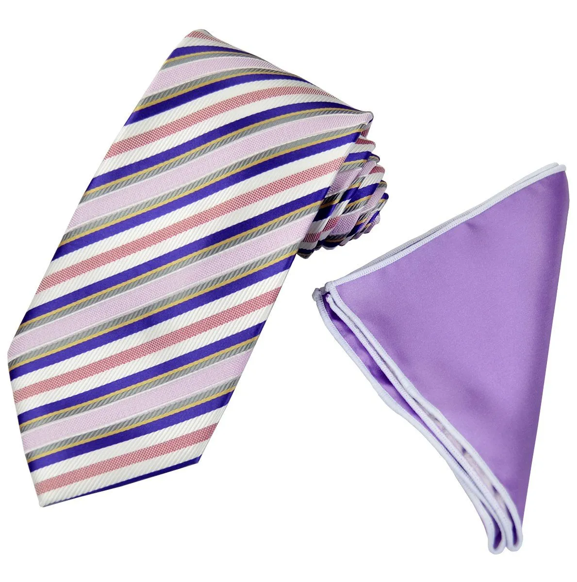 Purple and Blue Striped Men's Tie and Pocket Square