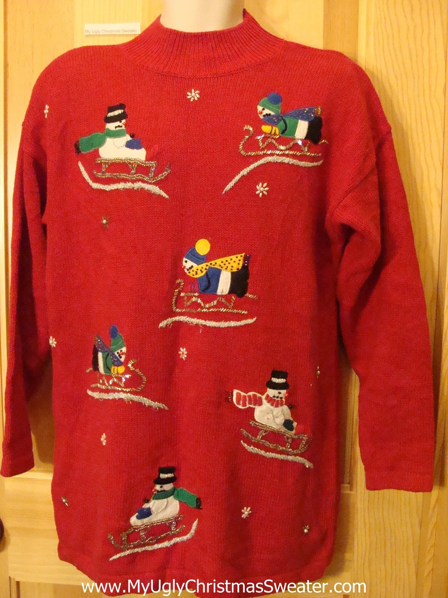 Snowmen Sledding Red Tacky Christmas Sweater