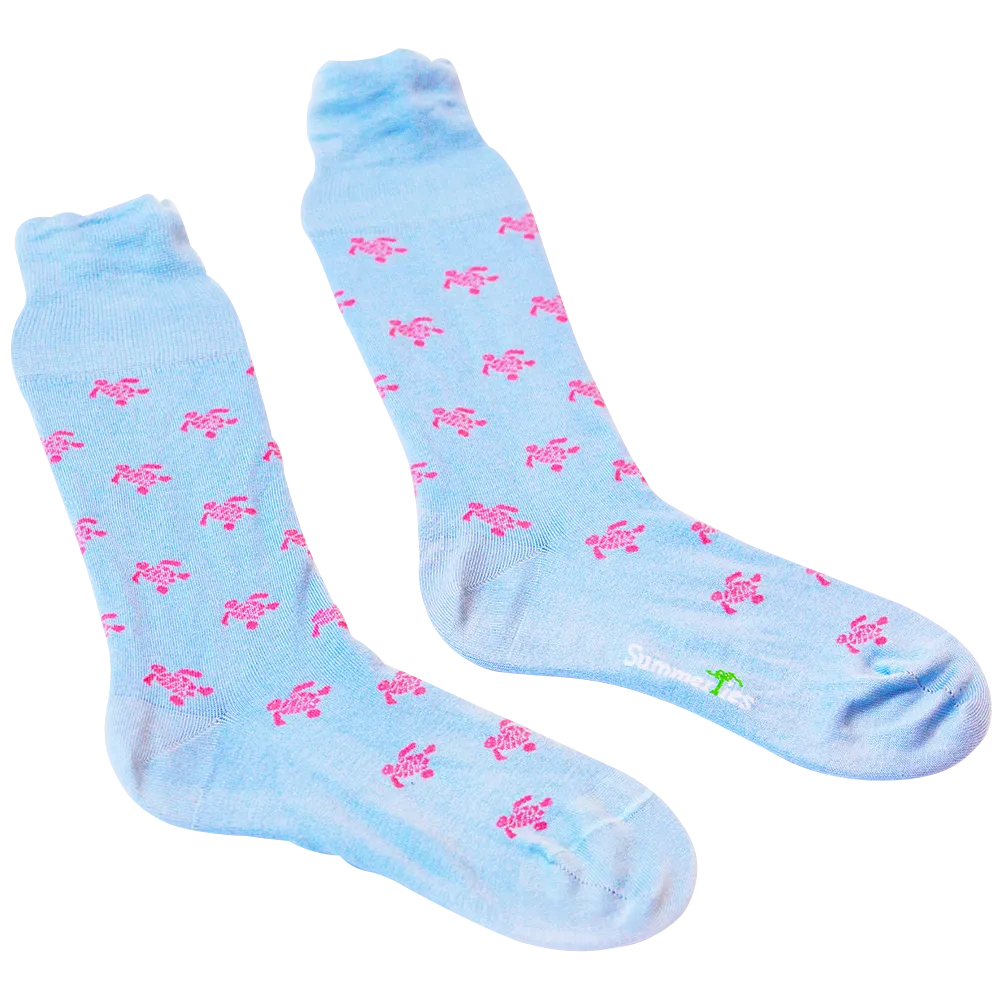 Turtle Socks - Men's Mid Calf - Pink on Blue