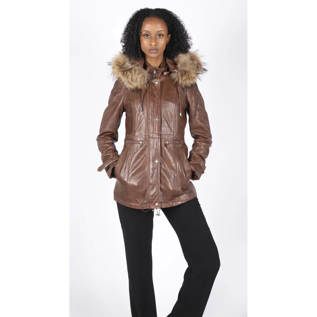 Women's Leather Parka Coat 3/4 Removable Hood Fur Button Cover Zipped