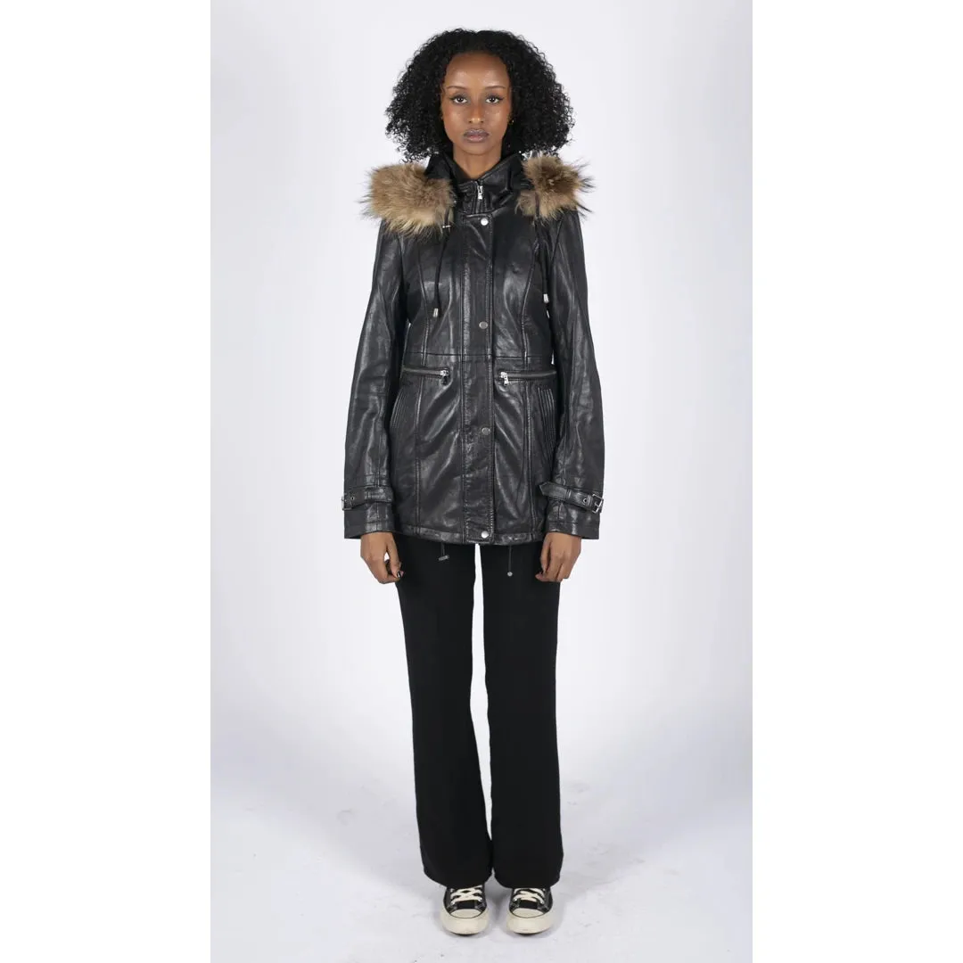 Women's Leather Parka Coat 3/4 Removable Hood Fur Button Cover Zipped