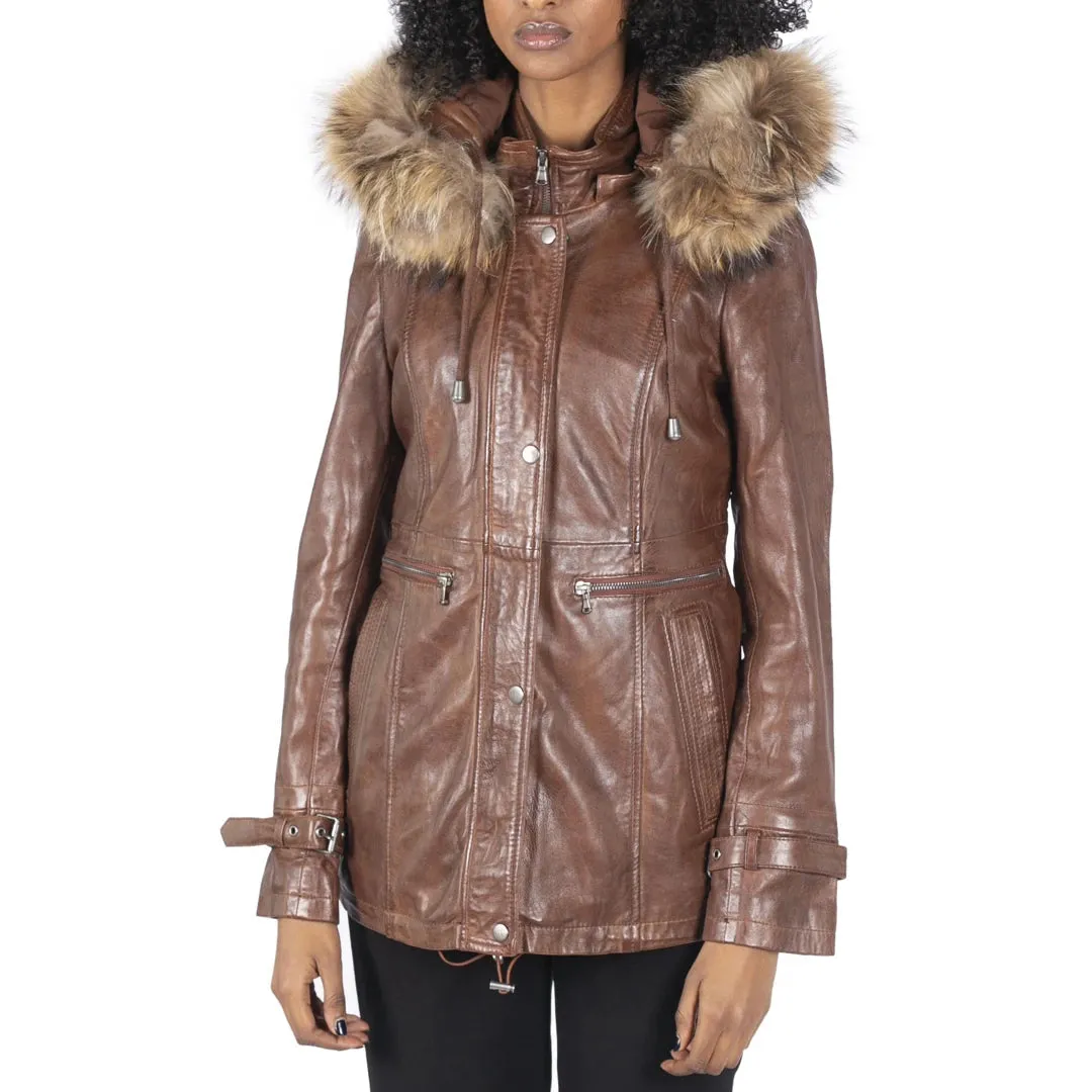 Women's Leather Parka Coat 3/4 Removable Hood Fur Button Cover Zipped