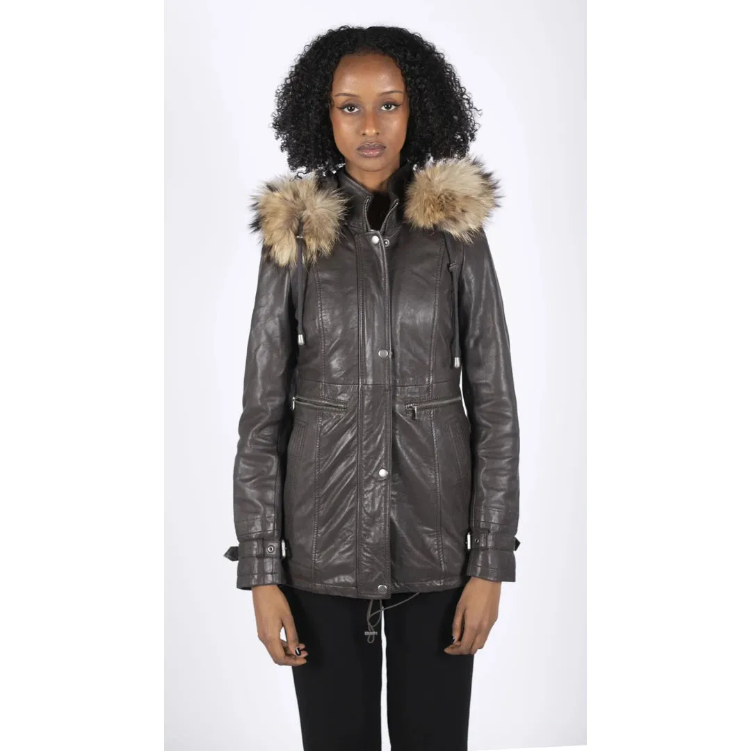 Women's Leather Parka Coat 3/4 Removable Hood Fur Button Cover Zipped