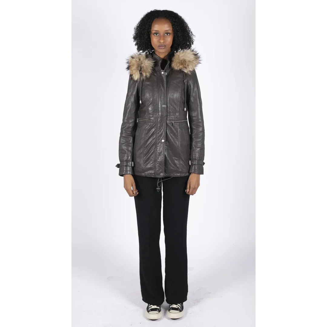Women's Leather Parka Coat 3/4 Removable Hood Fur Button Cover Zipped
