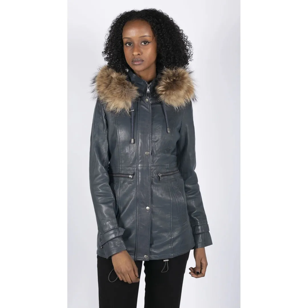 Women's Leather Parka Coat 3/4 Removable Hood Fur Button Cover Zipped