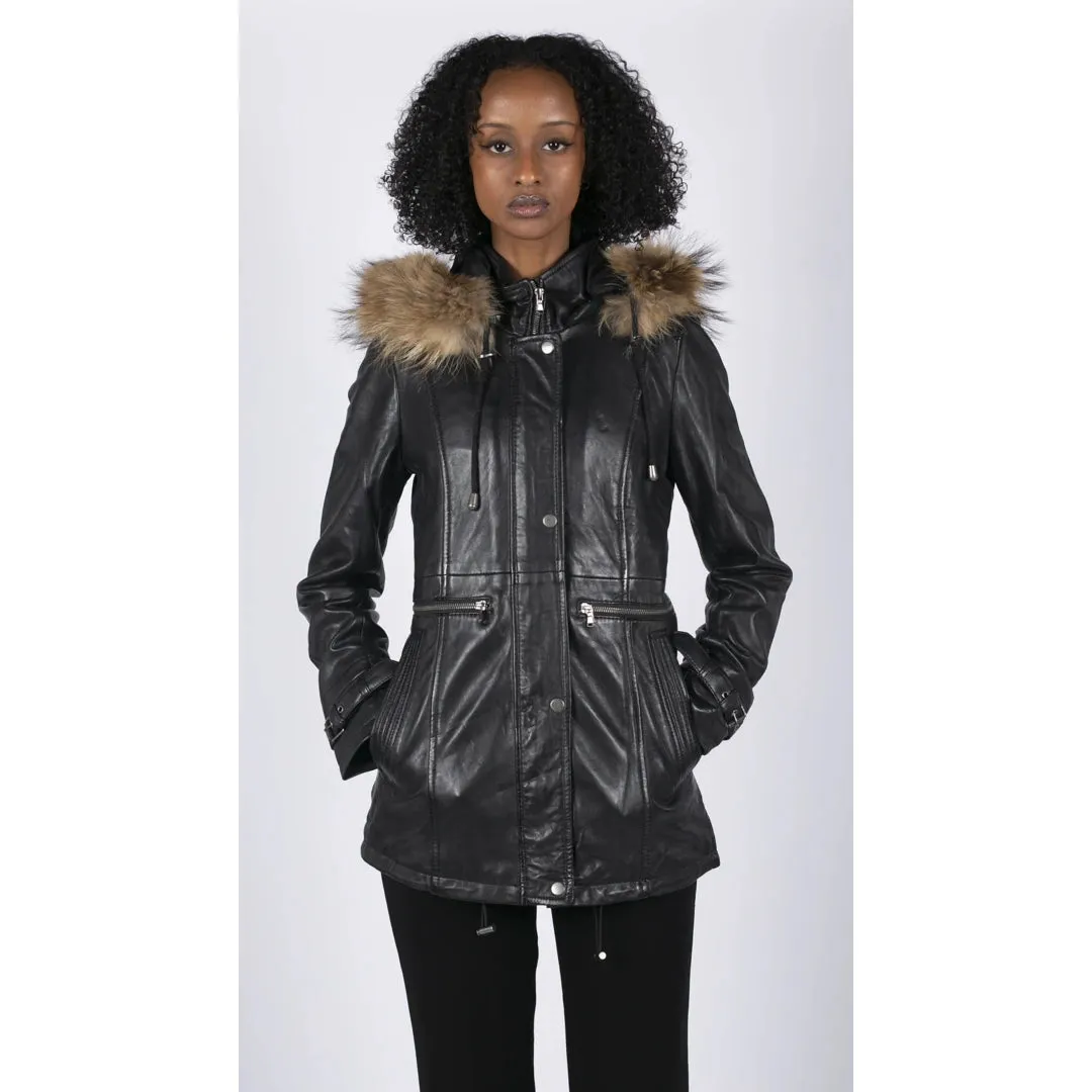 Women's Leather Parka Coat 3/4 Removable Hood Fur Button Cover Zipped