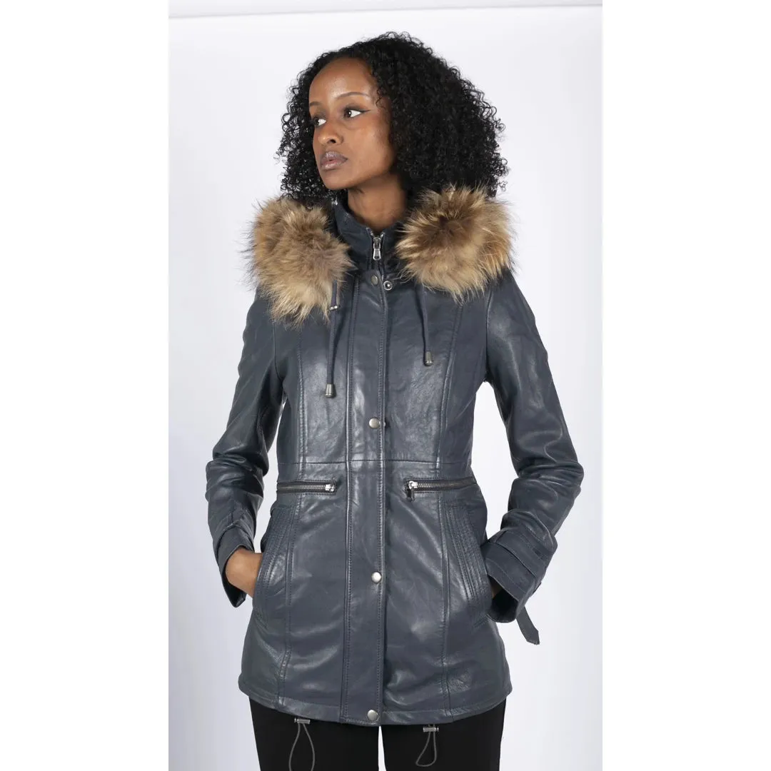 Women's Leather Parka Coat 3/4 Removable Hood Fur Button Cover Zipped