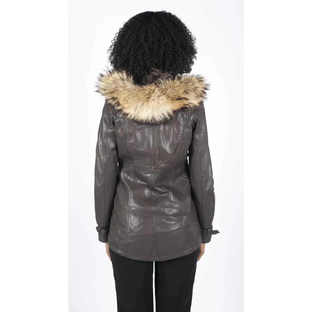 Women's Leather Parka Coat 3/4 Removable Hood Fur Button Cover Zipped