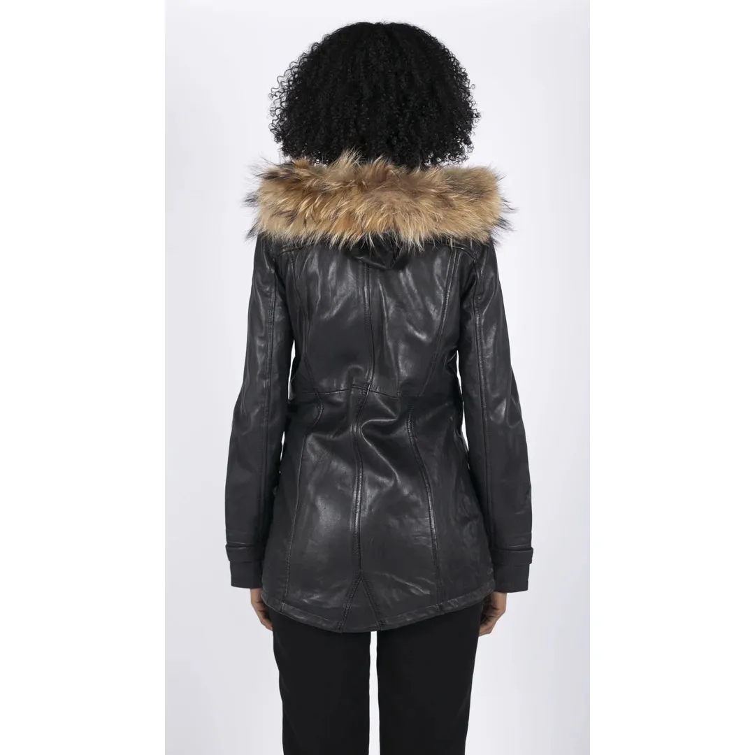 Women's Leather Parka Coat 3/4 Removable Hood Fur Button Cover Zipped