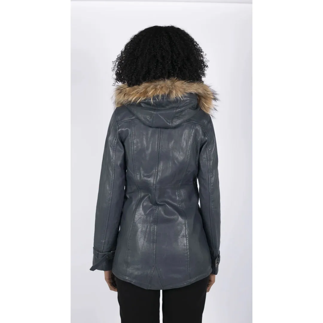 Women's Leather Parka Coat 3/4 Removable Hood Fur Button Cover Zipped