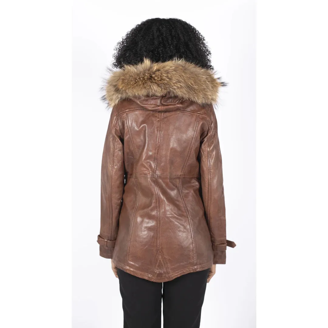 Women's Leather Parka Coat 3/4 Removable Hood Fur Button Cover Zipped