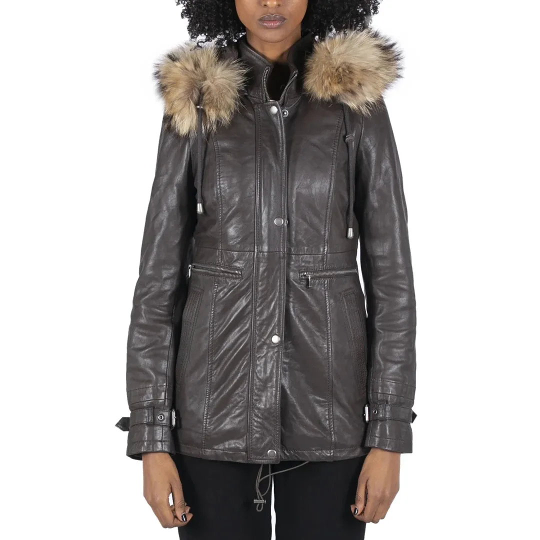Women's Leather Parka Coat 3/4 Removable Hood Fur Button Cover Zipped