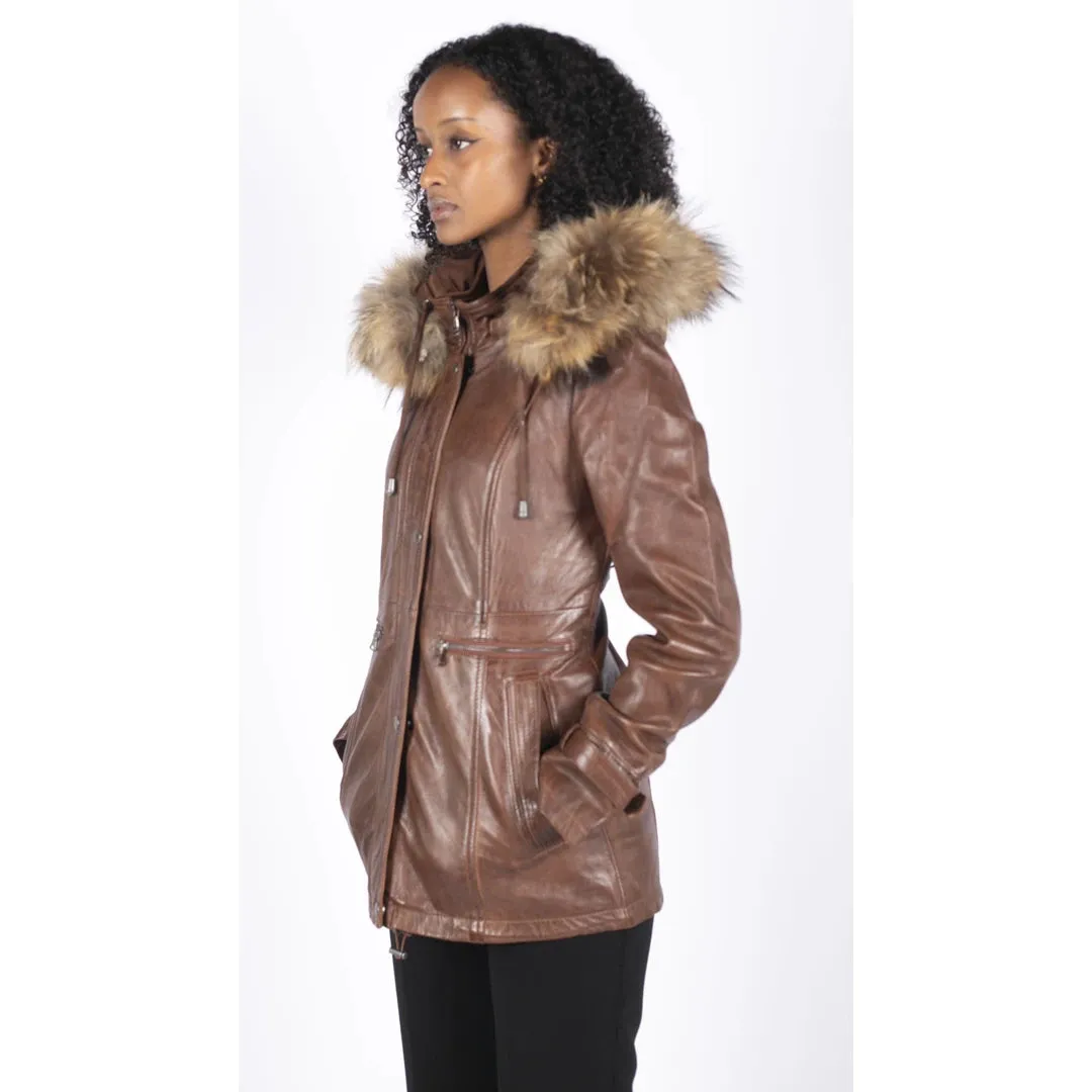 Women's Leather Parka Coat 3/4 Removable Hood Fur Button Cover Zipped