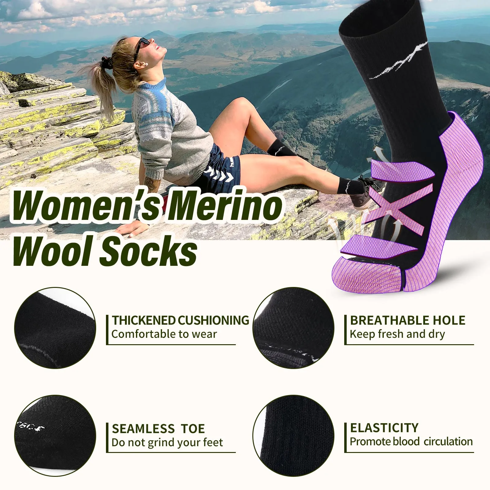 Women's Merino Hike Crew Socks Black - 1 Pair